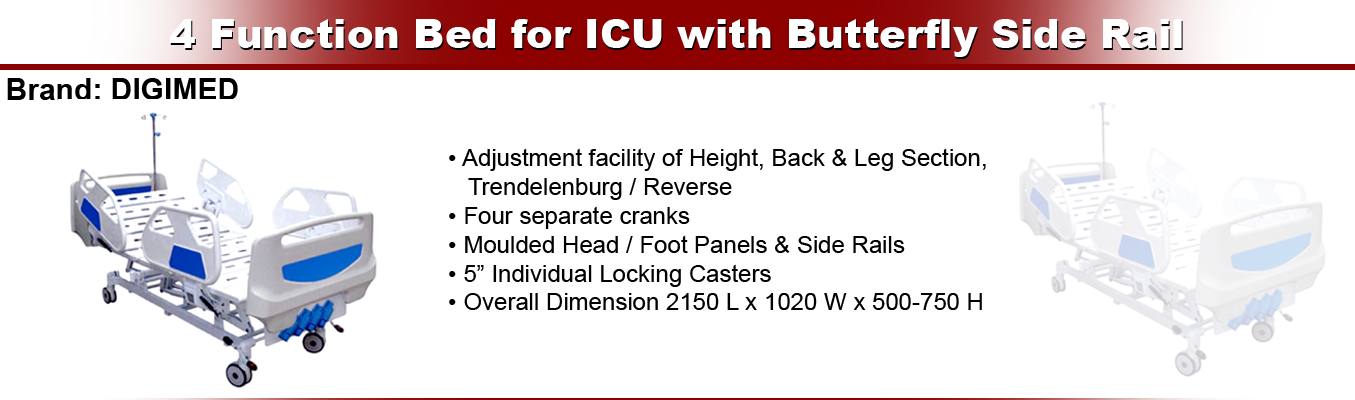 4 Function Bed for ICU with Butterfly Side Rail